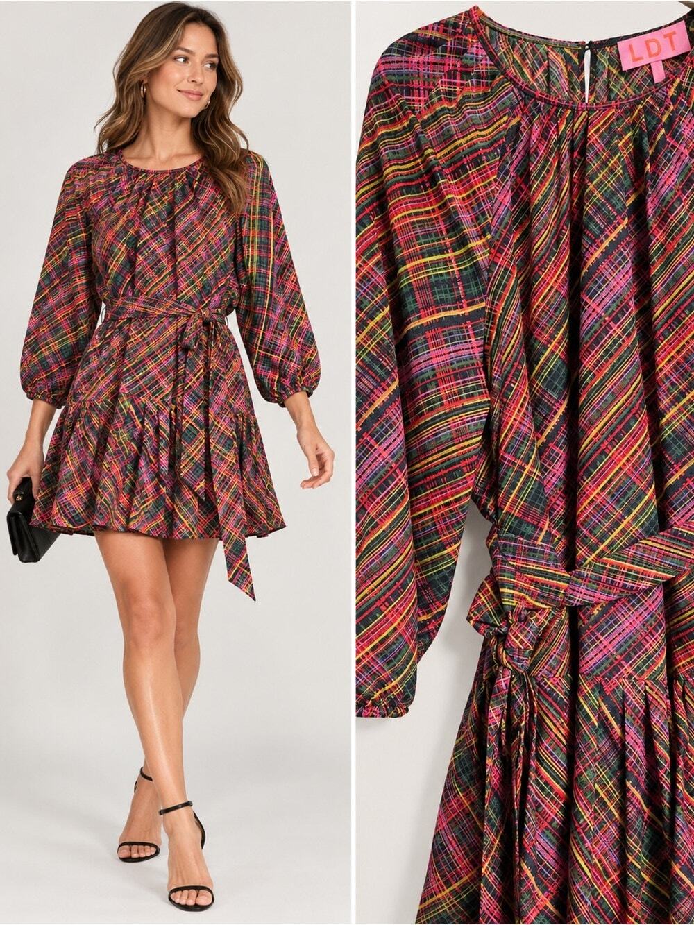LDT Hunter Parachute 3/4 Puff Sleeve Tie Waist Plaid Ruffled Mini Dress Size 14